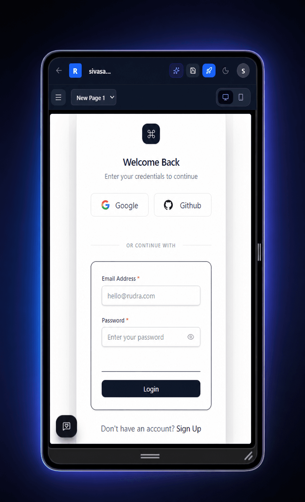 The Rudra mobile application editor showing its compact toolbar, viewport controls, and live login-page canvas